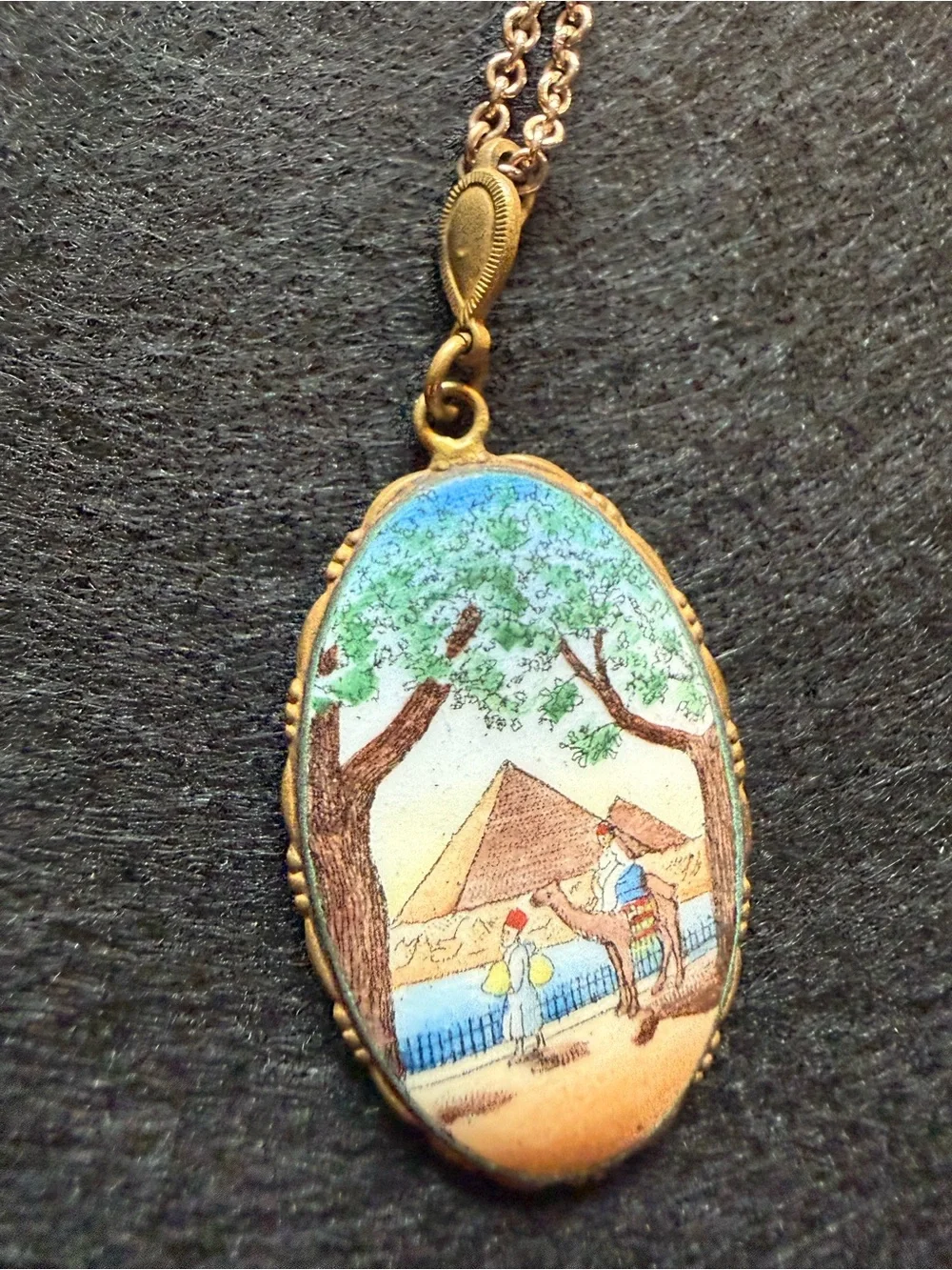 Vintage Egyptian Revival Style Pyramid Camel Scenic Pendant Necklace